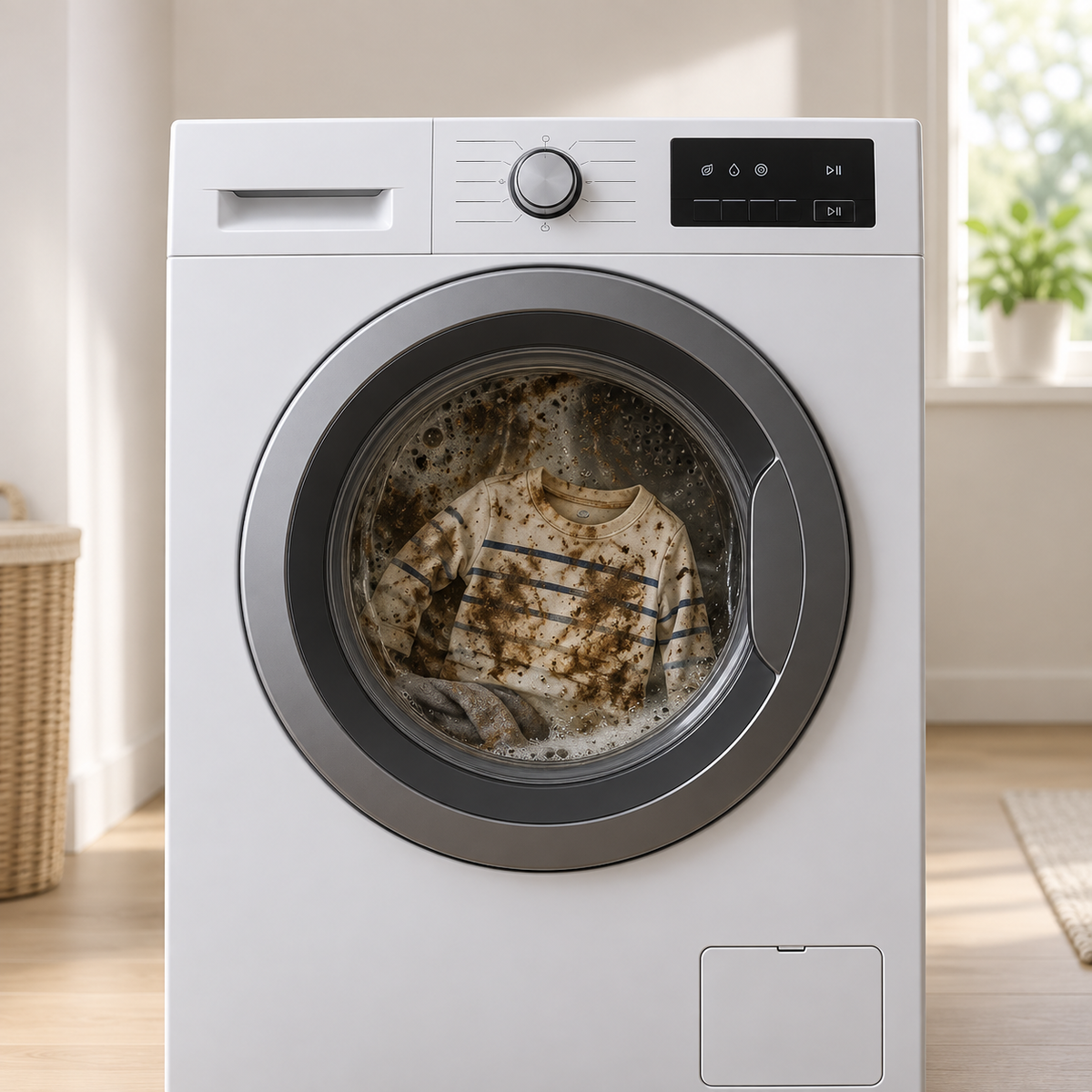 Illustration einer verschmutzten Waschmaschine mit einem fleckigen Kleidungsstück hinter der Tür